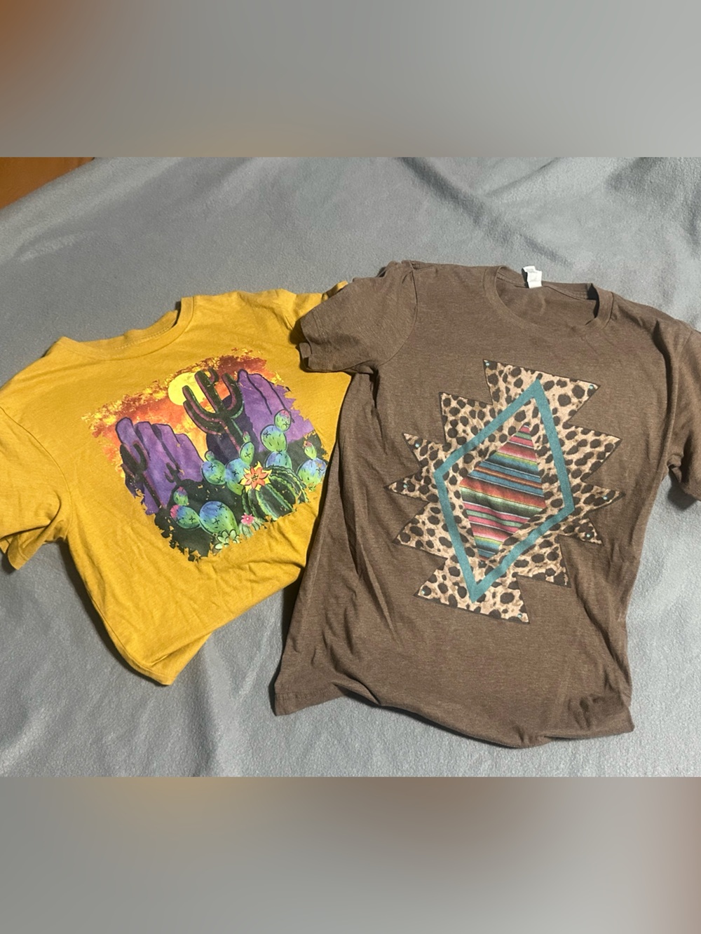 Bella Canvas Yellow Cactus Graphic Tee & Brown Aztec Leopard Print Tee